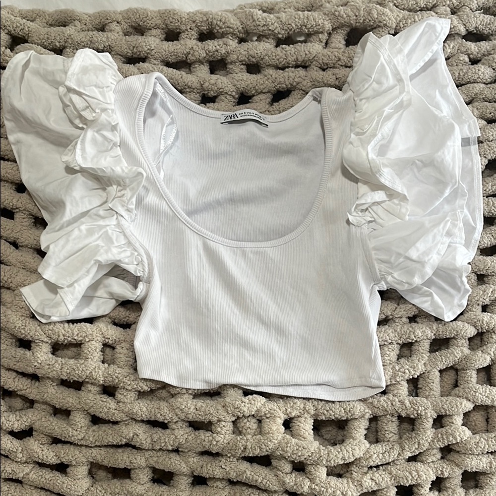 Zara White Puff Sleeve Crop Blouse